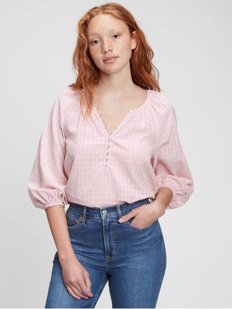 Three-Quarter Sleeve Button-Front Top