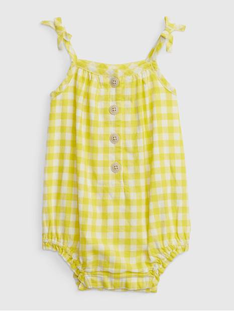 لباس قطعة واحدة كتان وقطن قصير ومنفوخ بنقش المربعات للأطفال الرضع