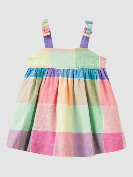 فستان بنقش مربعات ملونة كتان قطني للأطفال الرضع