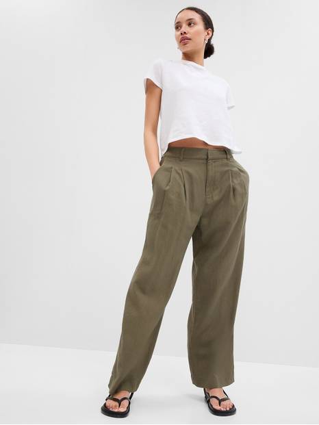 High Rise Wide-Leg Pleated Linen Trousers with Washwell
