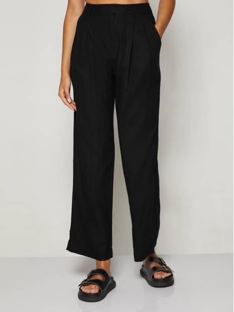 High Rise Wide-Leg Pleated Linen Trousers with Washwell