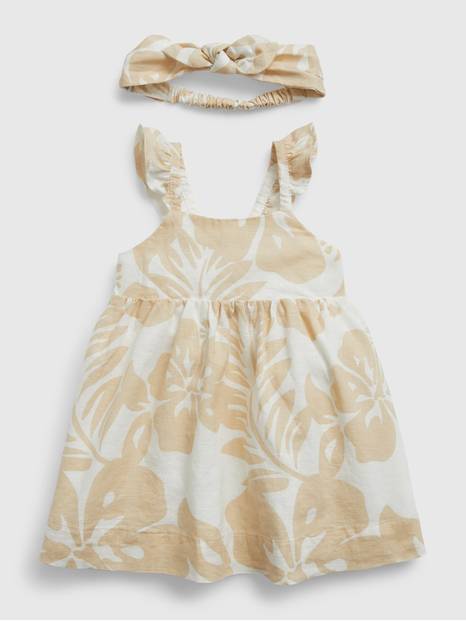 طقم فستان كتان قطني بنقشة زهور للأطفال الرضع