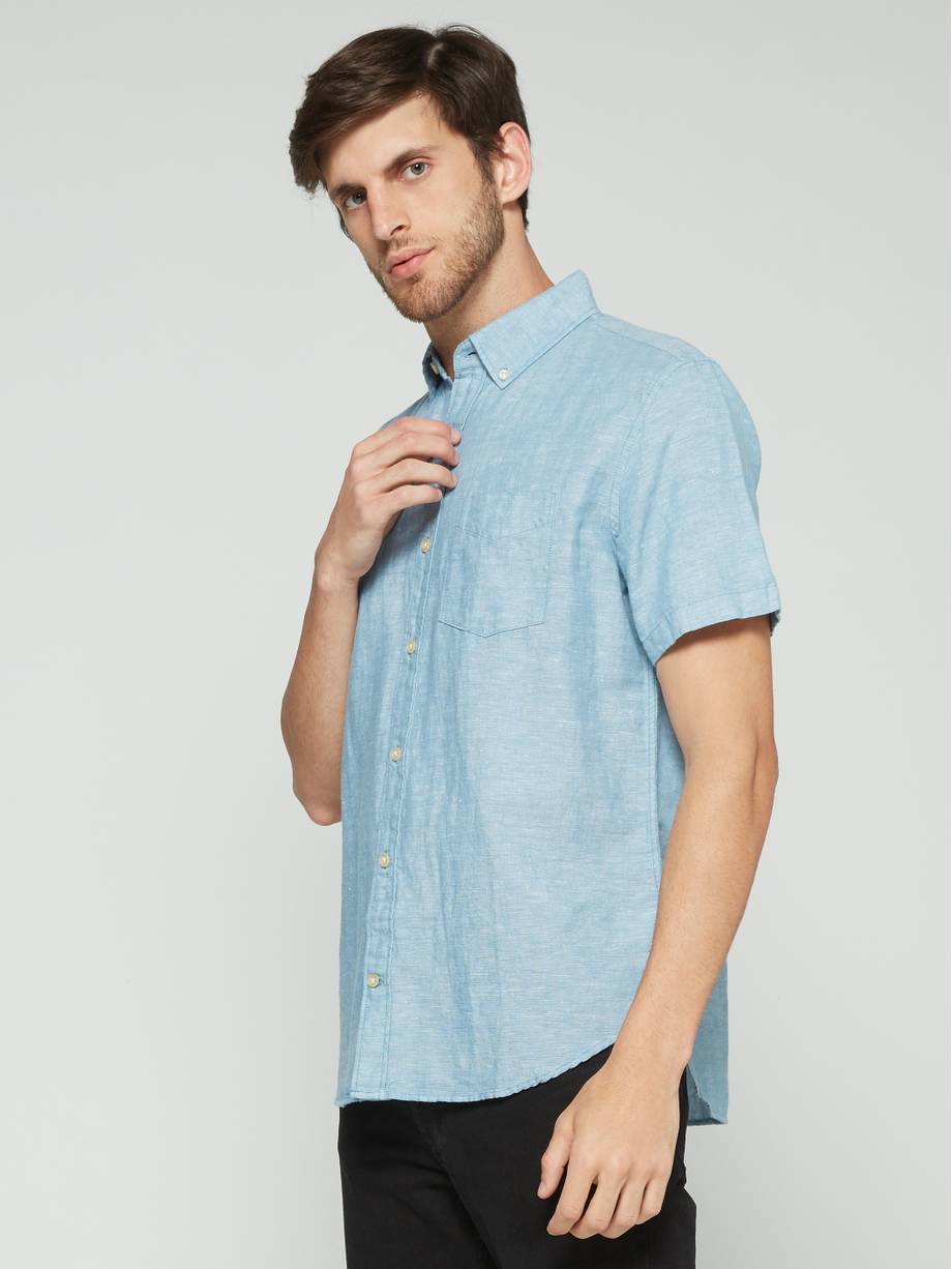 Shop Mens SKOOLBLUE Standard Fit Short Sleeve Shirt in Linen-Cotton - L ...